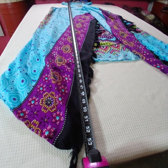 Mandala Kimono Beach Cover-Up Fringe Boho Hippy Multicolor Icy Blue One Size - Picture 10 of 13